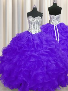 Purple Organza Lace Up Sweetheart Sleeveless Floor Length Sweet 16 Dresses Beading and Ruffles