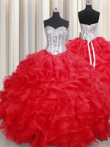 Customized Ball Gowns Ball Gown Prom Dress Red Sweetheart Organza Sleeveless Floor Length Lace Up