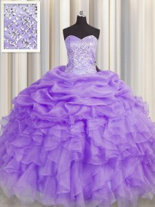 Beautiful Lavender Organza Lace Up Sweetheart Sleeveless Floor Length Sweet 16 Dresses Beading and Ruffles