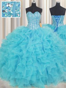 Visible Boning Organza Sweetheart Sleeveless Lace Up Beading and Ruffles Quinceanera Gown in Baby Blue