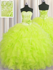 Fancy Handcrafted Flower Yellow Green Ball Gowns Beading and Ruffles and Hand Made Flower Ball Gown Prom Dress Lace Up O