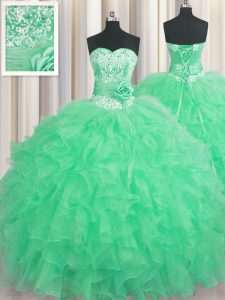 Handcrafted Flower Sleeveless Lace Up Floor Length Beading and Ruffles and Hand Made Flower Quinceanera Dress