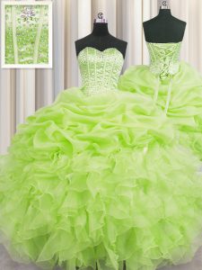Visible Boning Floor Length Yellow Green 15th Birthday Dress Organza Sleeveless Beading and Ruffles and Pick Ups