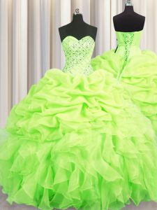 Nice Yellow Green Sleeveless Floor Length Beading and Ruffles and Pick Ups Lace Up Vestidos de Quinceanera
