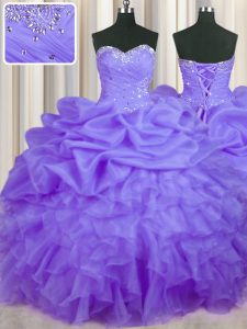 Unique Sleeveless Beading and Ruffles and Pick Ups Lace Up Quinceanera Gown