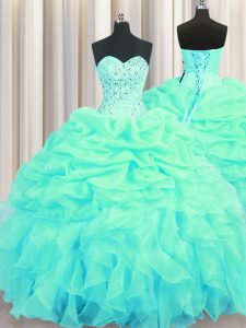 Turquoise Organza Lace Up Vestidos de Quinceanera Sleeveless Floor Length Beading and Ruffles and Pick Ups