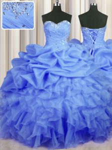 Blue Ball Gowns Organza Sweetheart Sleeveless Beading and Ruffles and Ruching and Pick Ups Floor Length Lace Up Sweet 16