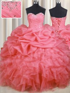 Glamorous Organza Sleeveless Floor Length 15 Quinceanera Dress and Beading and Ruffles and Ruching and Pick Ups