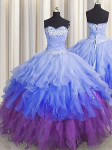Wonderful Sequins Ruffled Ball Gowns Quinceanera Gown Multi-color Sweetheart Organza Sleeveless Floor Length Zipper