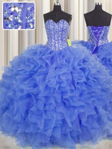 Visible Boning Blue Quinceanera Gown Military Ball and Sweet 16 and Quinceanera and For with Beading and Ruffles and Sas