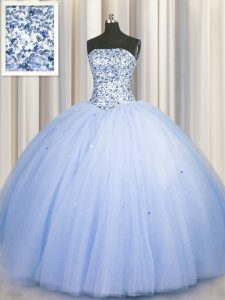 Glittering Big Puffy Beading and Sequins Vestidos de Quinceanera Blue Lace Up Sleeveless Floor Length
