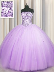 Trendy Really Puffy Lavender Tulle Lace Up Ball Gown Prom Dress Sleeveless Floor Length Beading and Sequins