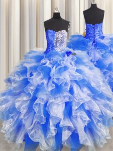 Vintage Blue And White Ball Gowns Organza Sweetheart Sleeveless Beading and Ruffles and Ruching Floor Length Lace Up Ves