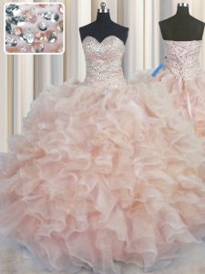 Suitable Champagne Sleeveless Floor Length Beading and Ruffles Lace Up Vestidos de Quinceanera