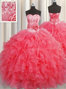 Free and Easy Handcrafted Flower Coral Red Lace Up Sweet 16 Quinceanera Dress Ruffles and Hand Made Flower Sleeveless Fl
