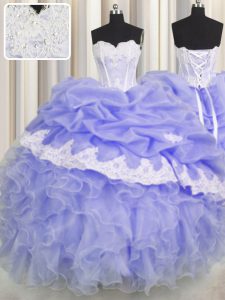 Sweet Floor Length Lavender Vestidos de Quinceanera Organza Sleeveless Beading and Appliques and Ruffles and Pick Ups