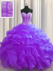 High End Visible Boning Purple Quinceanera Gowns Military Ball and Sweet 16 and Quinceanera and For with Beading and Ruf