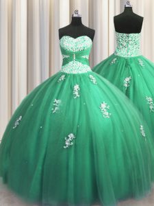 Discount Tulle Sweetheart Sleeveless Lace Up Beading and Appliques Quinceanera Dress in Turquoise