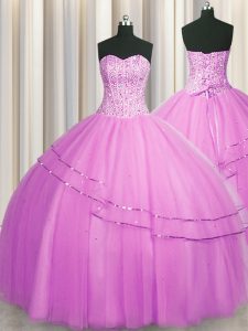 Attractive Visible Boning Really Puffy Tulle Sweetheart Sleeveless Lace Up Beading Sweet 16 Dress in Lilac
