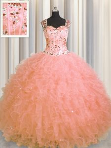 On Sale See Through Zipper Up Watermelon Red Ball Gowns Straps Sleeveless Tulle Floor Length Zipper Beading and Ruffles 