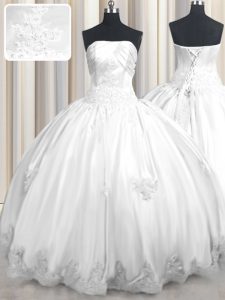White Taffeta Lace Up Quince Ball Gowns Sleeveless Floor Length Beading and Appliques
