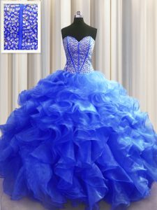 Visible Boning Royal Blue Sleeveless Beading and Ruffles Floor Length Quince Ball Gowns