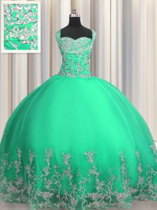 Most Popular Turquoise Sleeveless Floor Length Beading and Appliques Lace Up Quince Ball Gowns