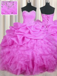 Floor Length Lace Up Quince Ball Gowns Lilac for Military Ball and Sweet 16 and Quinceanera with Beading and Ruffles and