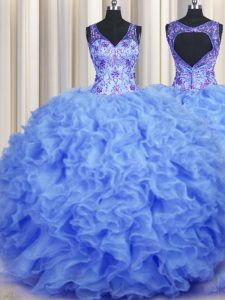 Lovely Organza V-neck Sleeveless Zipper Beading and Appliques and Ruffles Quinceanera Dresses in Blue