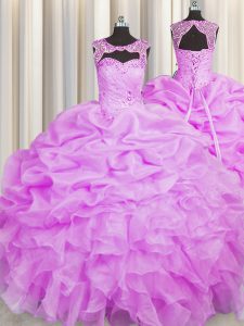 Customized Scoop Lilac Ball Gowns Beading and Pick Ups Quinceanera Gown Lace Up Organza Sleeveless Floor Length