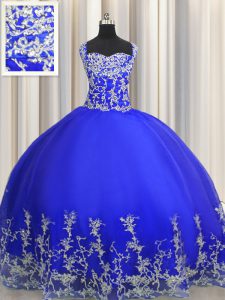 Trendy Halter Top Sleeveless Lace Up Quinceanera Gowns Royal Blue Organza