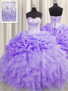 Fantastic Pick Ups Visible Boning Lavender Sleeveless Organza Lace Up Quinceanera Gown for Military Ball and Sweet 16 an