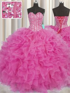 Visible Boning Hot Pink Organza Lace Up Quinceanera Dresses Sleeveless Floor Length Beading and Ruffles