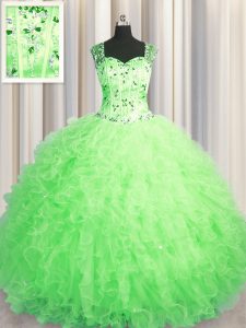 Admirable See Through Zipper Up Ball Gowns Straps Sleeveless Tulle Floor Length Zipper Beading and Ruffles Sweet 16 Dres
