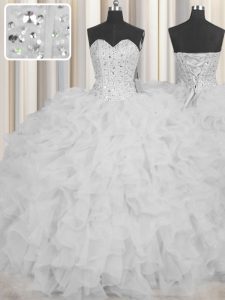 Visible Boning Floor Length White Quinceanera Gown Organza Sleeveless Beading and Ruffles and Sashes ribbons