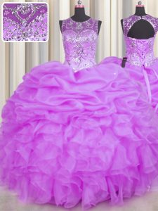 Fashionable See Through Lilac Backless Scoop Beading and Ruffles and Pick Ups 15th Birthday Dress Organza Sleeveless