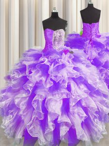 Fashionable White And Purple Organza Lace Up Sweet 16 Dress Sleeveless Floor Length Beading and Ruffles and Ruching