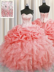 New Arrival Visible Boning Watermelon Red Ball Gowns Sweetheart Sleeveless Organza Floor Length Lace Up Ruffles and Pick