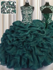 Fitting Scoop See Through Teal Lace Up Vestidos de Quinceanera Beading and Sequins and Pick Ups Sleeveless Floor Length