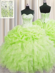 Visible Boning Sleeveless Floor Length Beading and Ruffles and Pick Ups Lace Up Quinceanera Dress with Yellow Green
