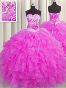 Handcrafted Flower Fuchsia Lace Up Sweetheart Beading and Ruffles and Hand Made Flower Ball Gown Prom Dress Organza Slee