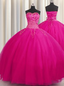 Deluxe Big Puffy Ball Gowns Sweet 16 Dresses Fuchsia Sweetheart Tulle Sleeveless Floor Length Lace Up