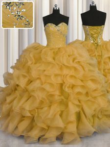 Flare Sweetheart Sleeveless Lace Up Quinceanera Dresses Gold Organza