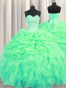 Green Sleeveless Beading and Ruffles and Pick Ups Floor Length Quince Ball Gowns