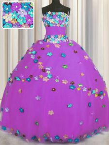 Elegant Strapless Sleeveless Sweet 16 Dresses Floor Length Hand Made Flower Purple Tulle
