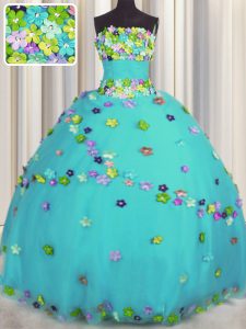 High End Aqua Blue Sleeveless Tulle Lace Up Quinceanera Dresses for Military Ball and Sweet 16 and Quinceanera