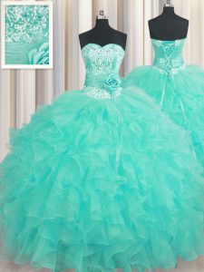 Handcrafted Flower Beading and Ruffles and Hand Made Flower Quince Ball Gowns Aqua Blue Lace Up Sleeveless Floor Length
