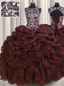 See Through Burgundy Sweet 16 Quinceanera Dress Military Ball and Sweet 16 and Quinceanera and For with Beading and Pick