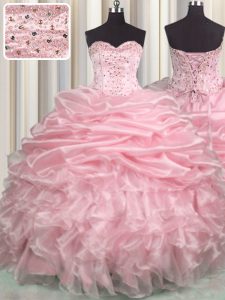 Sweet With Train Baby Pink Quince Ball Gowns Organza Brush Train Sleeveless Beading and Ruffles and Pick Ups