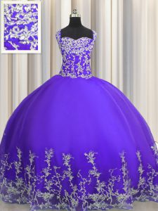 Modest Ball Gowns 15 Quinceanera Dress Purple Straps Tulle Sleeveless Floor Length Lace Up